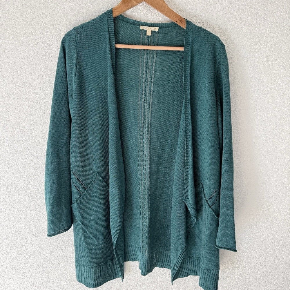 Eileen Fisher 100% Linen Open Cardigan M Kelly Green St Patricks Irish Lagenlook